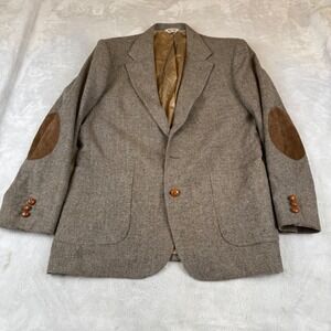 Hunt Valley Mens 43L Wool Tweed Blazer Brown Suede Elbow Patches USA Made 3526